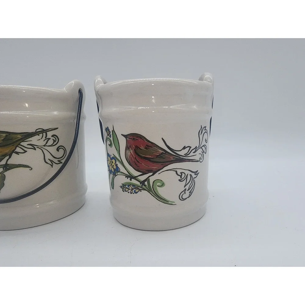 Set of 2 Ceramic Bird Votive Candle Holders with Wire Handles Hand Painted